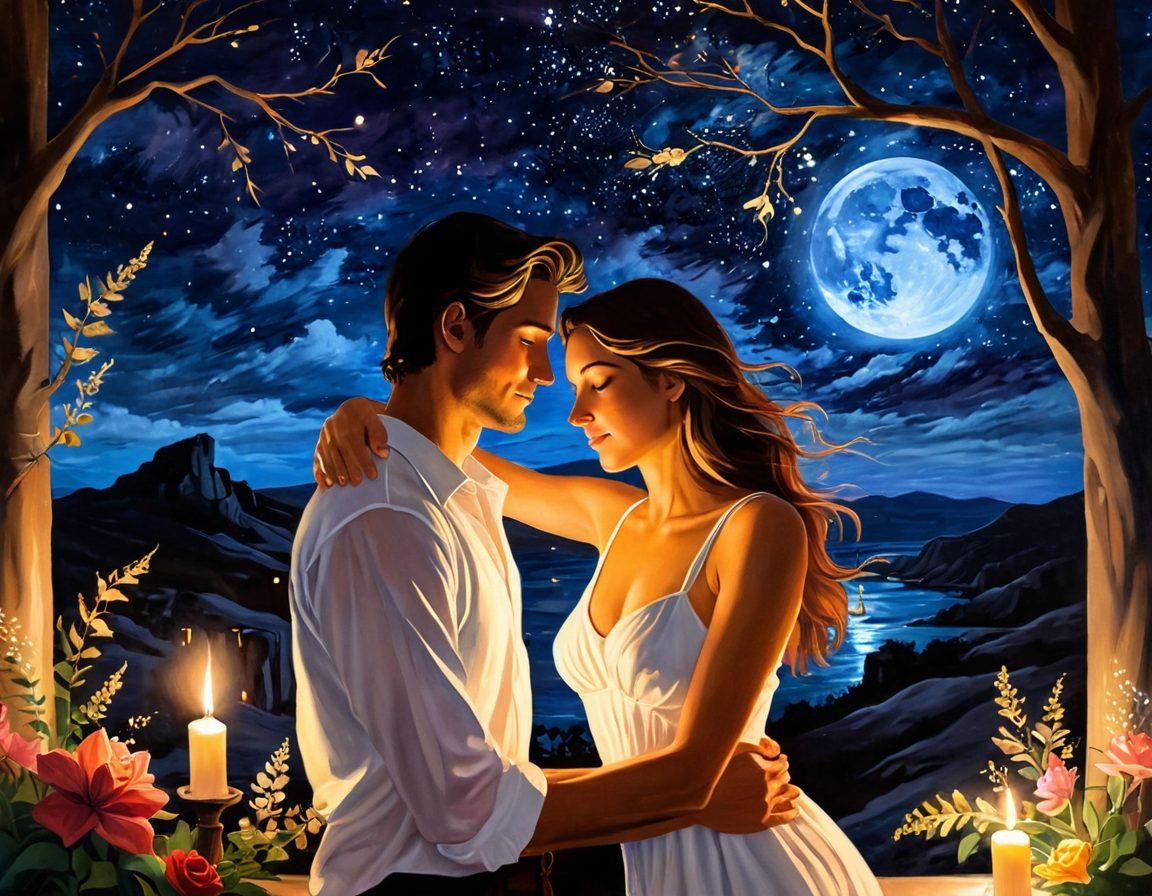 A couple embracing passionately under a starry night sky, surrounded by soft candlelight that casts warm, inviting shadows. Their expressions convey intimacy and desire, with subtle hints of sensuality in their gestures. The background features a serene landscape, symbolizing exploration and connection. Include delicate floral elements to enhance the romantic atmosphere. painting. vibrant colors.