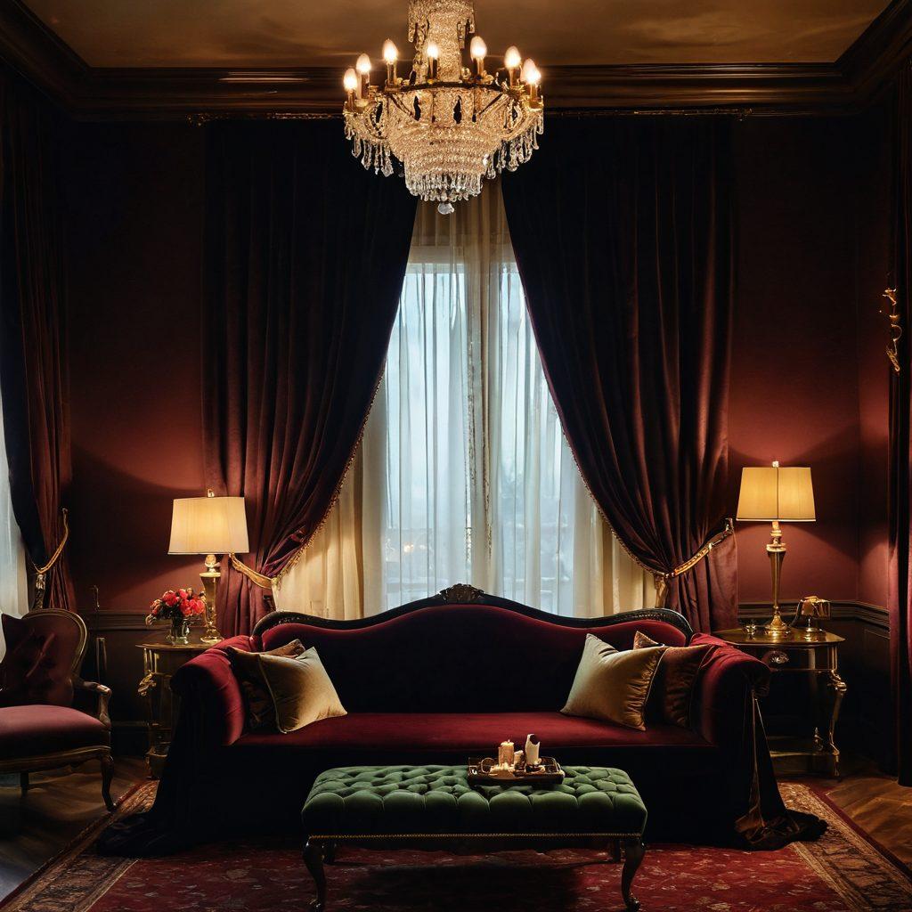 A sultry and enticing scene featuring a luxurious, dimly lit room adorned with velvet drapes and plush furnishings. A collection of screens displaying tantalizing clips in a tasteful manner, surrounded by sensuous silhouettes and soft candlelight, setting an intimate mood. Subtle hints of exotic decor, like feathers and silk, enhance the allure. The colors are rich and lustrous, creating an inviting atmosphere. super-realistic. rich colors. soft focus.